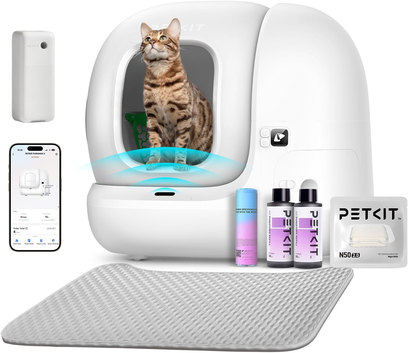 Puramax 2 Automatic Self Cleaning Litter Box, Anti-Leakage Multi-Cat Compatible Smart Cats Litter Box, Safety Sensors App Control Include Triple Odor Removal Litter Mat Trash Bags