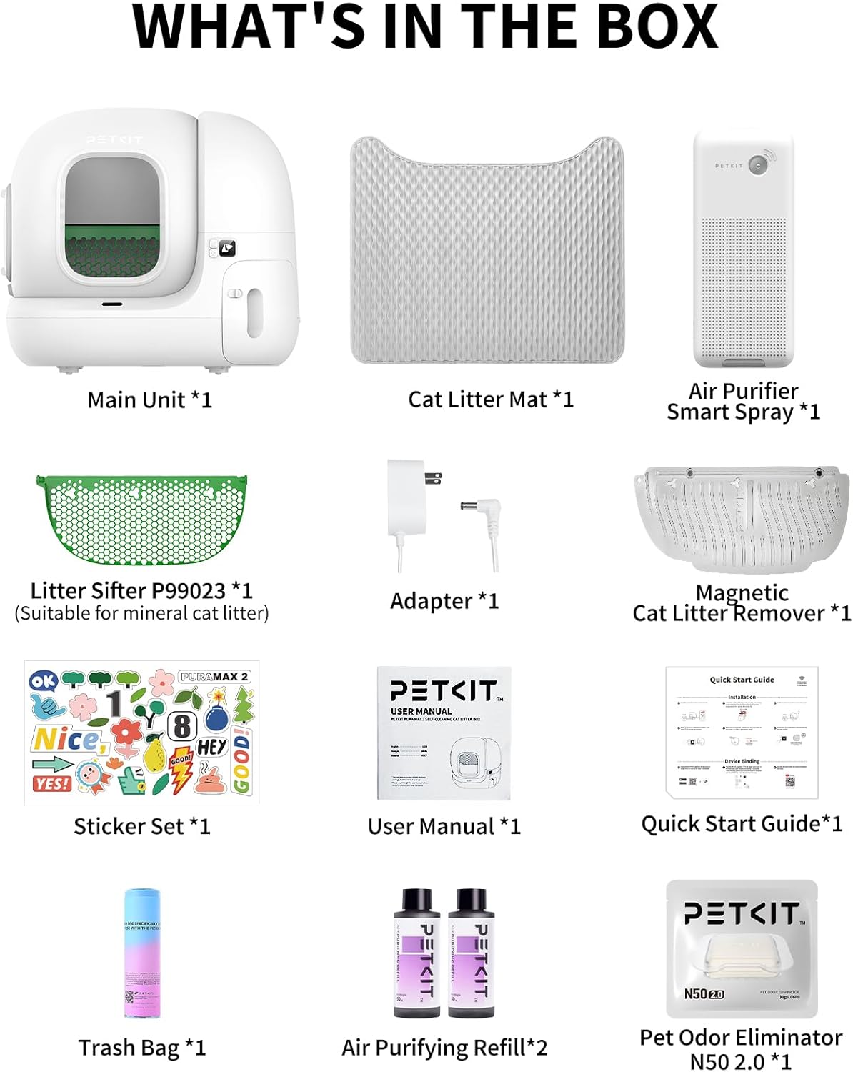 Puramax 2 Automatic Self Cleaning Litter Box, Anti-Leakage Multi-Cat Compatible Smart Cats Litter Box, Safety Sensors App Control Include Triple Odor Removal Litter Mat Trash Bags