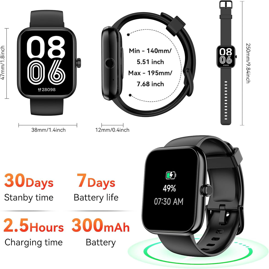Smart Watch with Alexa Built-In, 1.83" HD Touchscreen, Bluetooth Calling Fitness Tracker, Health Monitor Heart Rate/Sleep Tracking, IP68 Waterproof, 120+ Sports Modes for Android Iphone (Black)