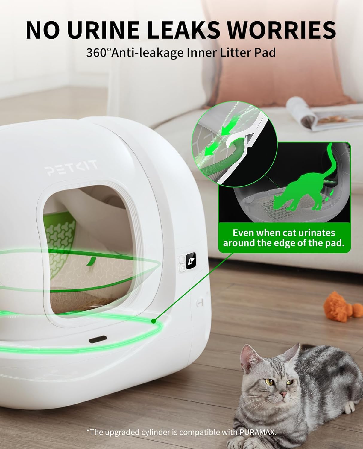 Puramax 2 Automatic Self Cleaning Litter Box, Anti-Leakage Multi-Cat Compatible Smart Cats Litter Box, Safety Sensors App Control Include Triple Odor Removal Litter Mat Trash Bags