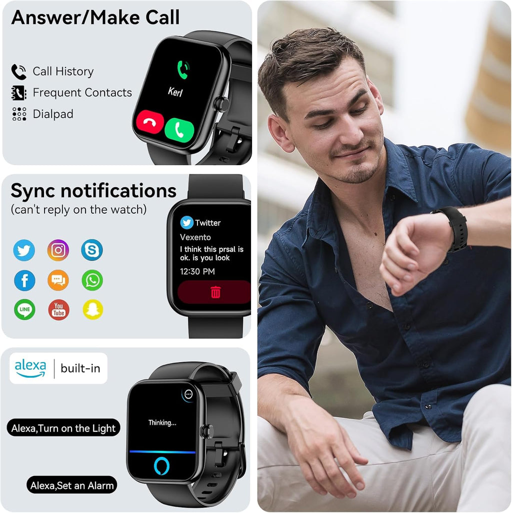 Smart Watch with Alexa Built-In, 1.83" HD Touchscreen, Bluetooth Calling Fitness Tracker, Health Monitor Heart Rate/Sleep Tracking, IP68 Waterproof, 120+ Sports Modes for Android Iphone (Black)