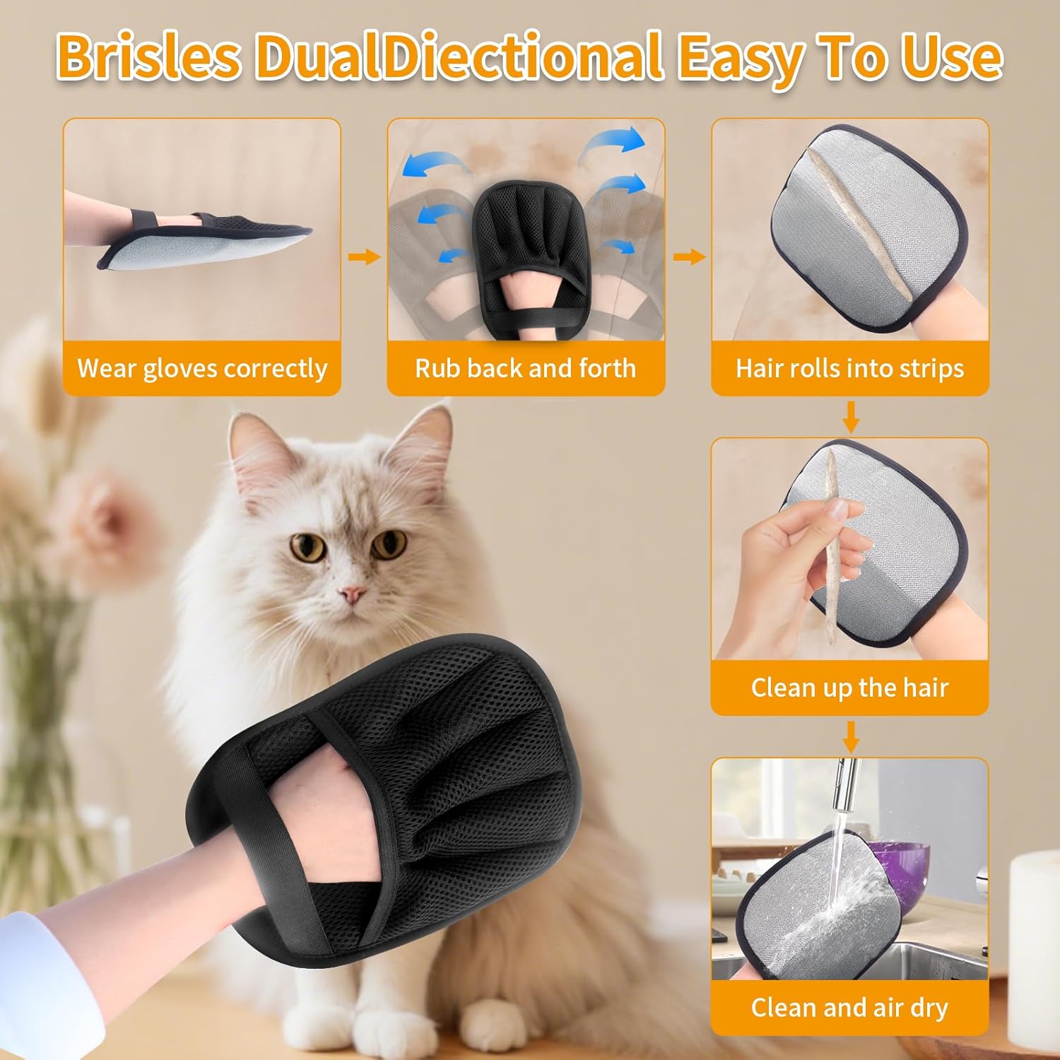 Pet Hair Removal Glove, 2025 Upgraded Five-Finger Electrostatic Grooming Tool for Cats & Dogs, Reusable Magic Fur Remover for Furniture, Car, Couch & Clothing, Essential Pet Grooming Supplies