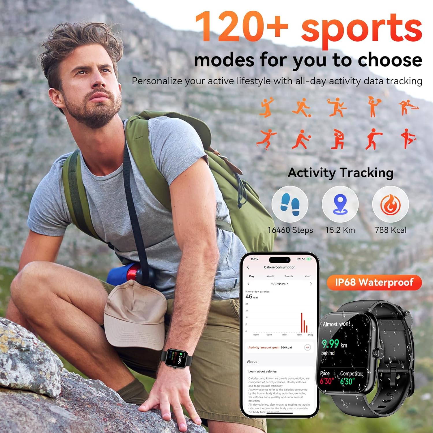 Smart Watch with Alexa Built-In, 1.83" HD Touchscreen, Bluetooth Calling Fitness Tracker, Health Monitor Heart Rate/Sleep Tracking, IP68 Waterproof, 120+ Sports Modes for Android Iphone (Black)
